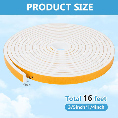 16Feet Weather Stripping Seal (1/2 Inch X 1/4 Inch) for Door Window, High Density Foam Tape, Soundproofing, Insulation Strip, Door Sealers for Door Frame- White