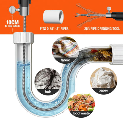 25ft Drain Auger Heavy Duty, Professional Plumbing Snake with Drill Adapter, Manual & Powered Clog Remover for Kitchen, Bathroom, Shower Sink & Bathtub, Flexible Pipe Snake Cleaner with Gloves