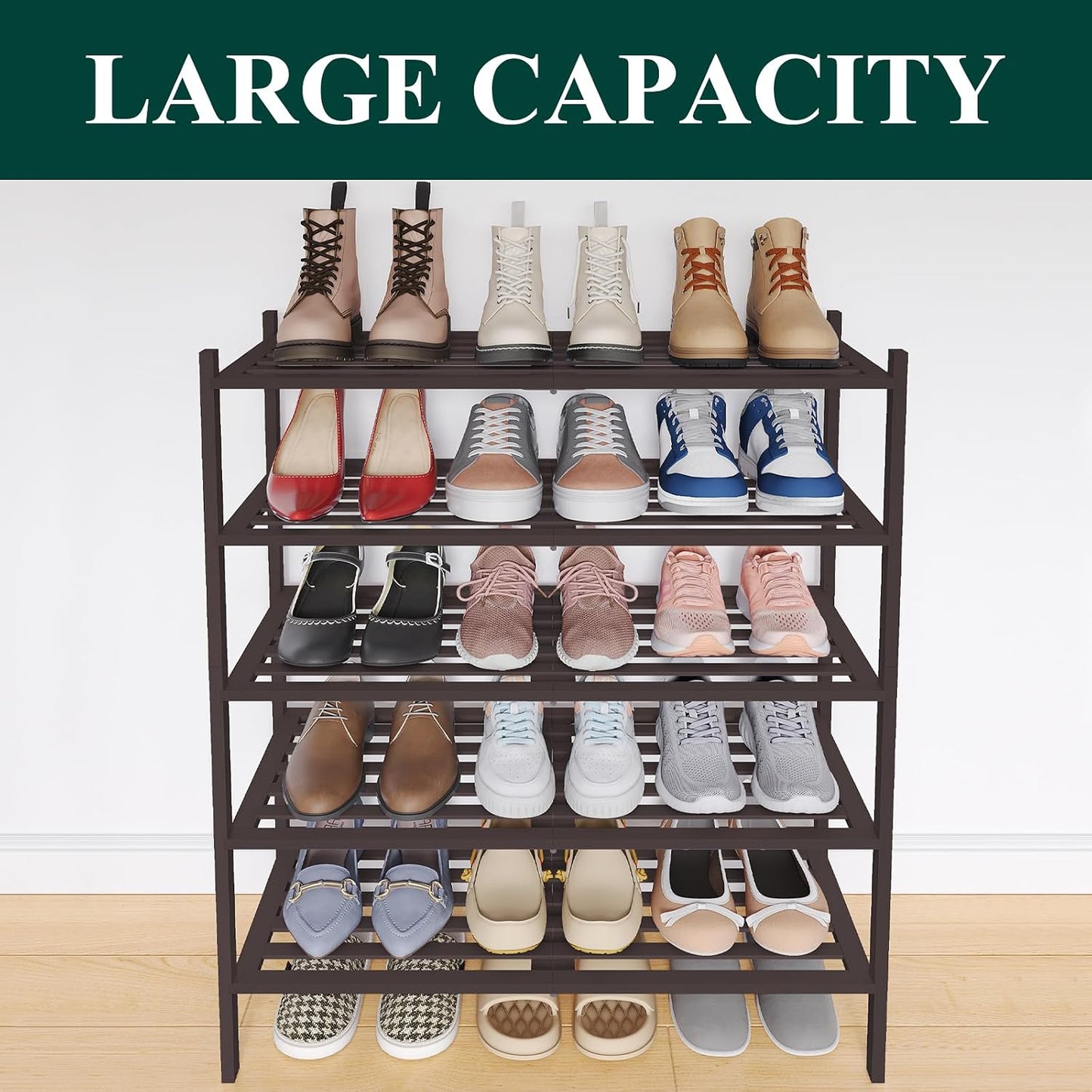 Smiry Bamboo Shoe Rack, 3 Tier Free Standing Wooden Shoe Organizer, Stackable Wood Shoe Storage Shelf for Closet, Entryway, 5 Horizontal Slats, 26.8"x11"x18.3", Natural