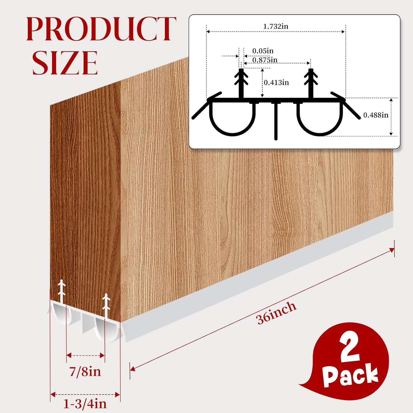2 Pcs 36" Double Bubble Kerf Door Sweep, 1-3/4" Wide Weatherstrip Seal for Exterior Doors, Draft Stopper for Energy Saving, Windproof & Dustproof Door Bottom Seal