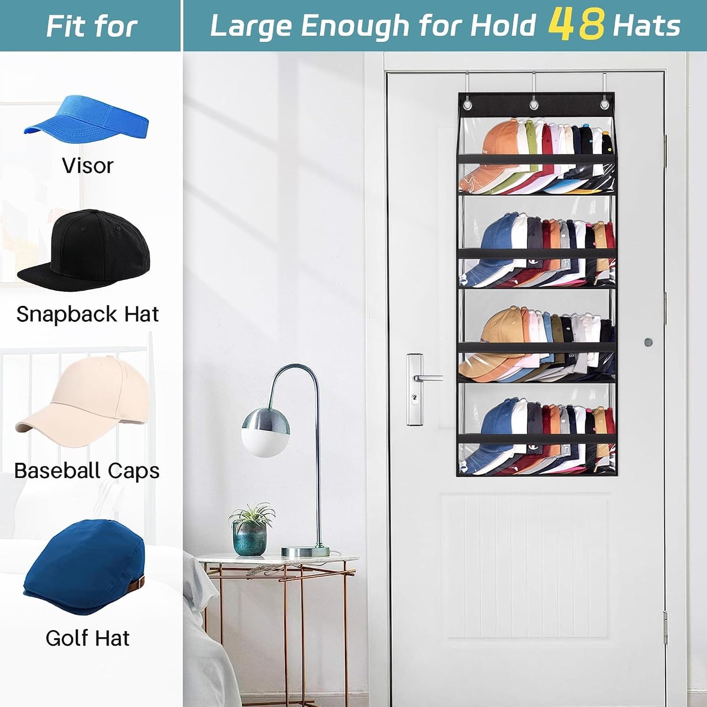 AOODA Clear Over the Door Hat Racks for Baseball Caps, Large Holds up to 72 Caps Hat Storage Organizer for Closet Wall, Deep Pockets Hanging Snapback Holder Shelves with 3 Hooks, White