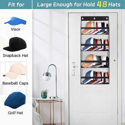 AOODA Clear Over the Door Hat Racks for Baseball Caps, Large Holds up to 72 Caps Hat Storage Organizer for Closet Wall, Deep Pockets Hanging Snapback Holder Shelves with 3 Hooks, White