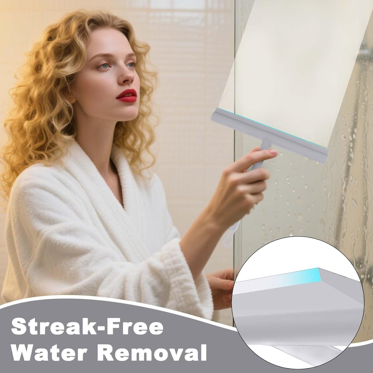 Squeegee for Shower Glass Doors, Resilient Loop - No-Drill & Adhesive Hook, Silicone Shower Squeegee with Stainless Steel Core, Cleaning Tool for Home, Kitchen, Bathroom & Car - Black