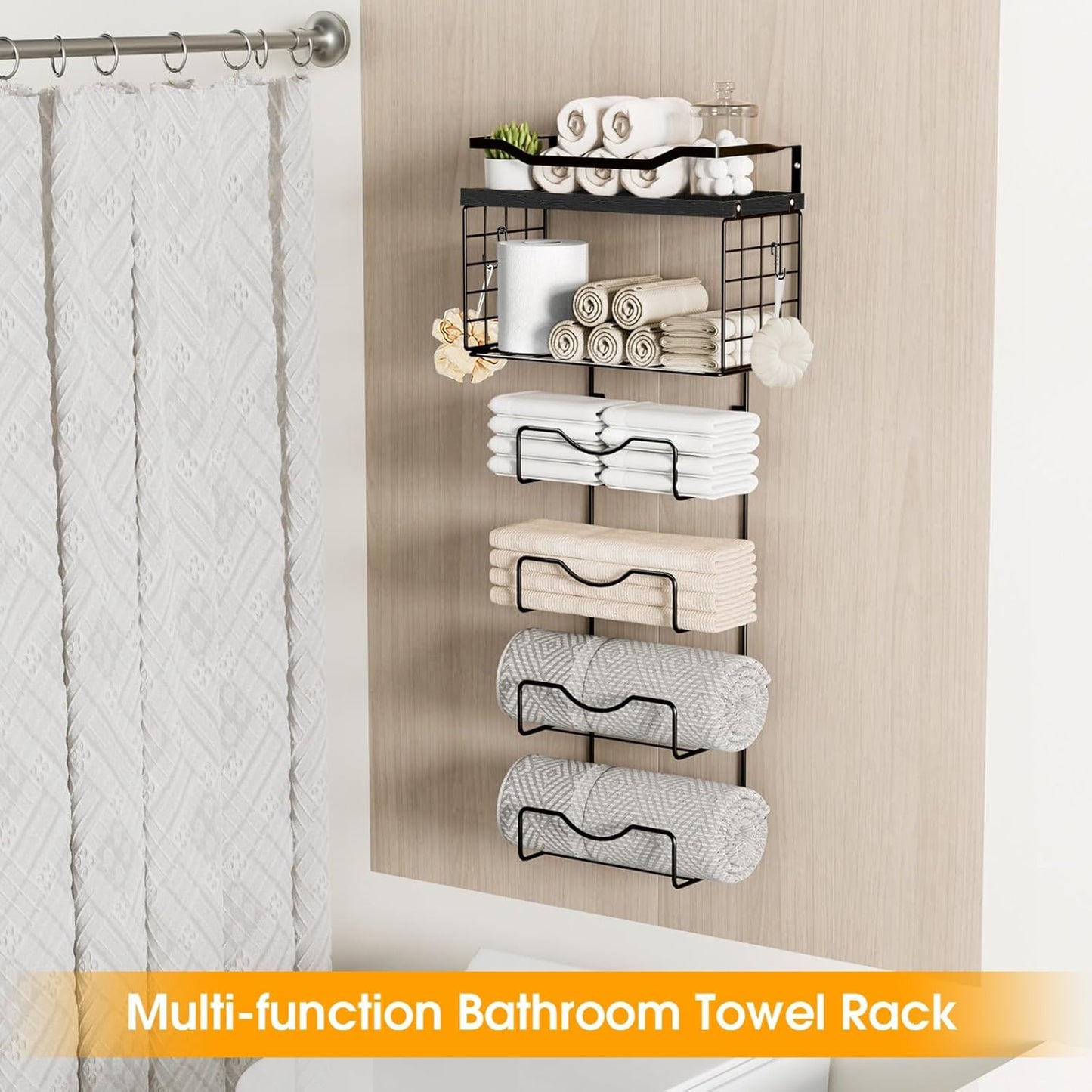 Towel Racks for Bathroom,Towel Rack Wall Mounted, 6 Tier Rolled Or Folded Towel Holder with Floating Shelves, Bathroom Towel Holder for Bath, Hand Towels,Metal and Wood