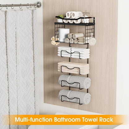 Towel Racks for Bathroom,Towel Rack Wall Mounted, 6 Tier Rolled Or Folded Towel Holder with Floating Shelves, Bathroom Towel Holder for Bath, Hand Towels,Metal and Wood