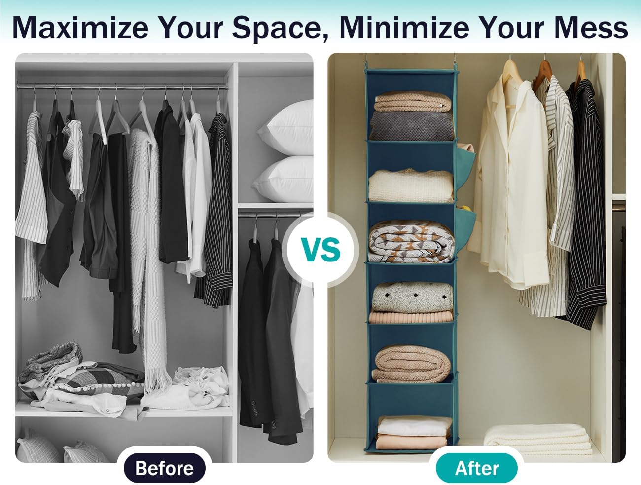 YOUDENOVA Hanging Closet Organizer, 6-Shelf Closet Hanging Storage Shelves, 2 Packs, Grey