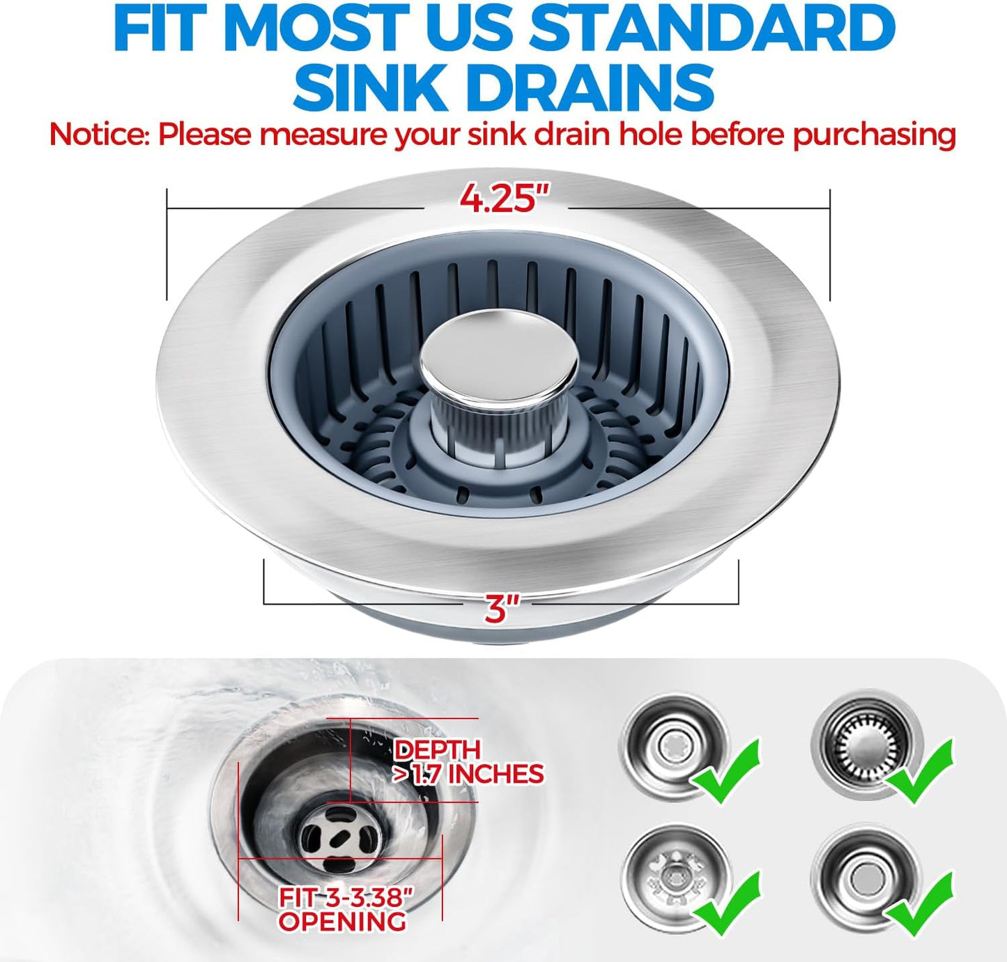 Sink Drain Strainer - Sink Stopper Kitchen Drain, 3 in 1 Kitchen Sink Drain Strainer with Anti-Clogging Basket, Kitchen Gadgets Clearance Sink Accessories, Fit US Standard 3-1/2'' Sink Hole, Silver