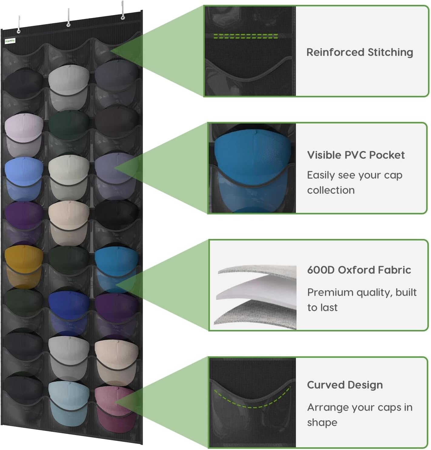 Baseball Hat Rack, 24 Pocket Over-The-Door Hat Organizer with Clear Deep Pockets to Display Baseball Caps Collection, Complete with 3 Over Door Hooks (Black, 24 Pockets)