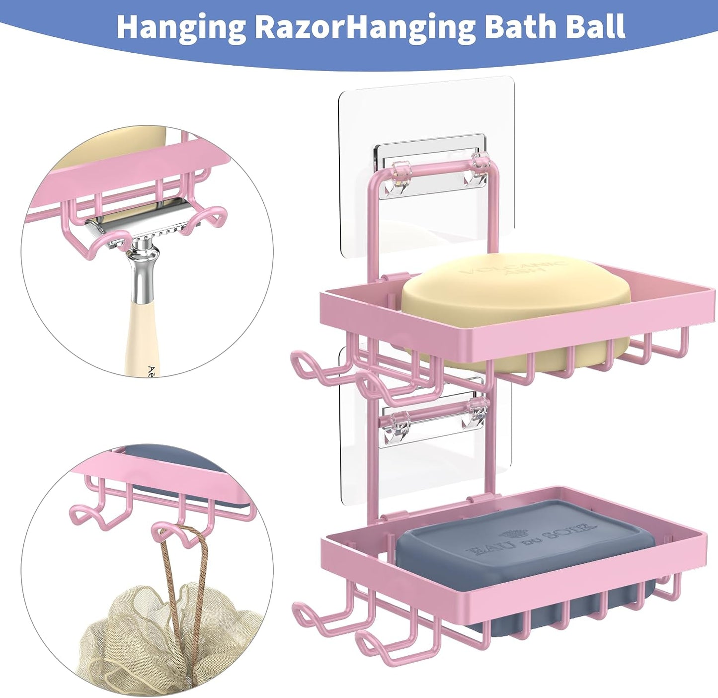 Moforoco Double Soap Bar Holder for Shower, No Drilling, 304 Stainless Steel, Wall Mounted Soap Holder with 4 Hooks and Razor Holder, Shower Rack Soap Tray Bar Soap for Bathroom Accessories Organizer