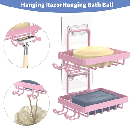 Moforoco Double Soap Bar Holder for Shower, No Drilling, 304 Stainless Steel, Wall Mounted Soap Holder with 4 Hooks and Razor Holder, Shower Rack Soap Tray Bar Soap for Bathroom Accessories Organizer