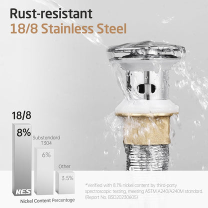 KES All Metal Bathroom Sink Drain with Strainer Basket Hair Catcher Anti Clog Pop Up Drain Stopper for Vanity Vessel Sink with Overflow, Rustproof 18/8 Stainless Steel Polished Chrome S2013A-CH