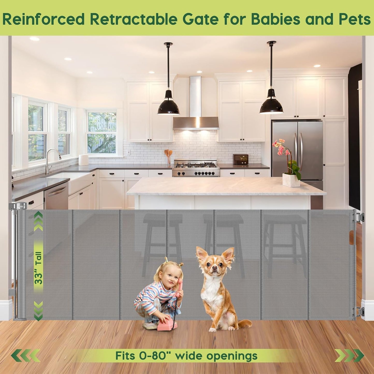 Reinforced 55" Wide Retractable Baby Gates with Reinforced Strips, Indoor/Outdoor Retractable Dog Gate for Doorway Prevent Bottom Drilling Through, No Bottom Bar Safety Mesh Baby Gate for Stair, Black