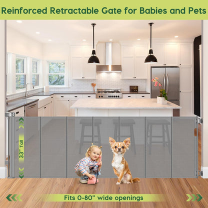 Reinforced 55" Wide Retractable Baby Gates with Reinforced Strips, Indoor/Outdoor Retractable Dog Gate for Doorway Prevent Bottom Drilling Through, No Bottom Bar Safety Mesh Baby Gate for Stair, Black