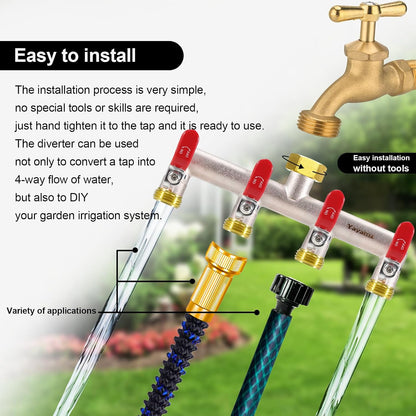 Garden Hose Splitter, 3/4” Rust and Freeze Resistant Outdoor Hose Manifold with 2 green Extra Long Handles Faucet Adapter-Heavy Duty Brass Nickel Plated 2-Way Valve