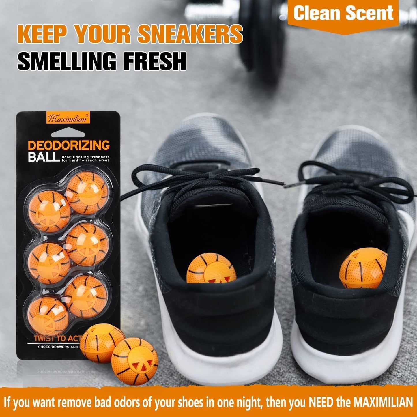 MAXIMILIAN Professional Shoe Deodorizer Balls 6pcs Orange Shoe Fresheners Balls Foot Odor Eliminator Odor-Fighting Freshener for Neutralizing Odor and Refreshing Sneaker,Wardrobe,Bags