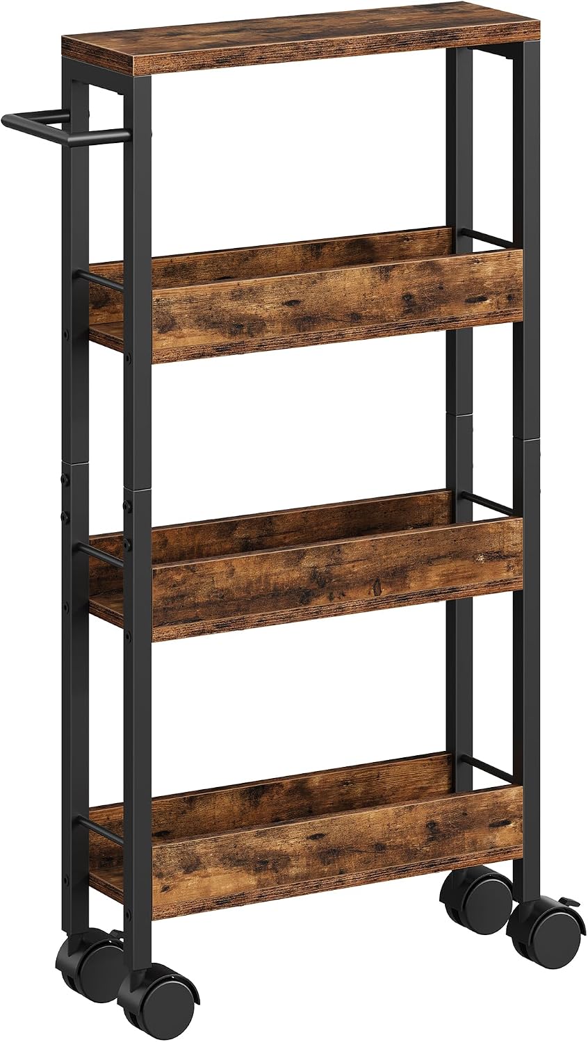CHOEZON 4-Tier Slim Storage Cart, 5.1'' Kitchen Serving Trolley, Slim Rolling Cart with Handle and Guard Rails, Slim Cabinet for Small Spaces, for Dining Room, Rustic Brown and Black TTC01BF
