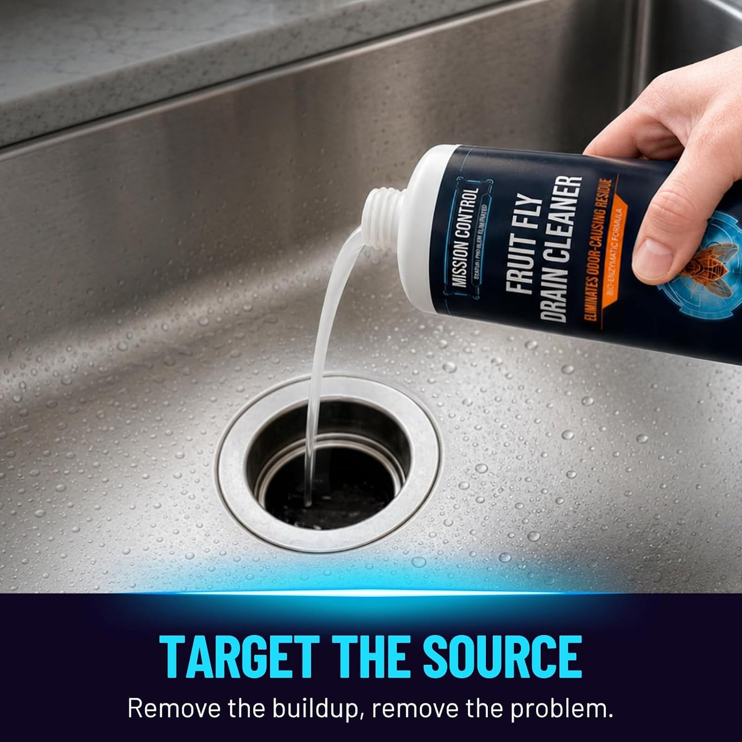 Mission Control 32 oz Bio-Enzymatic Fruit Fly Drain Treatment - Eliminates the Organic Residue and Odors That Bring Fruit Flies - Safe for Drains, Trash Cans, Sinks and Food Prep Surfaces