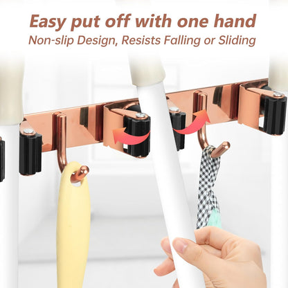 3 Racks and 4 Heavy Duty Hooks Mop and Broom Holder Wall Mount, Non-slip Organizer Storage Utility Tool Racks for Garage,Kitchen,Laundry Room,Garden. Gold