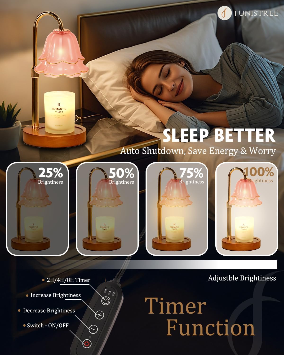 Funistree Flower Candle Warmer Lamp with Timer & Dimmer, Adjustable Height Candle Warmer, Christmas Birthday Gifts for Women Mom, House Warming New Home Decor, Wax Warmer with 2 Bulbs for Jar Candles
