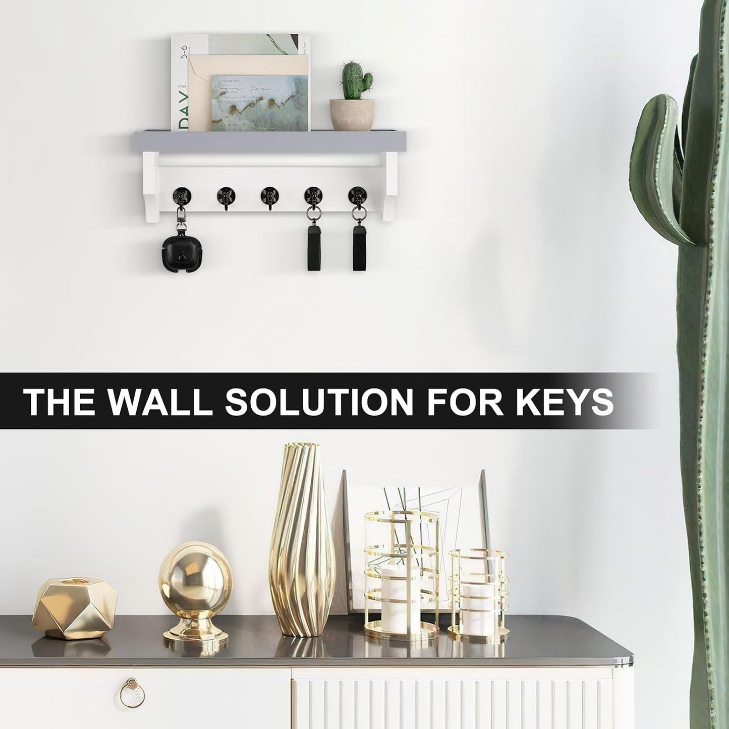 Key and Mail Holder Wall Mount, Key Holder with Shelf and Mail Organizer Wall Mount. Mail Holder with 5 Hooks for Coat, Dog Leash, Home Decor Rack, Entry Way Organizer (White)