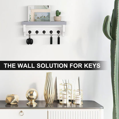 Key and Mail Holder Wall Mount, Key Holder with Shelf and Mail Organizer Wall Mount. Mail Holder with 5 Hooks for Coat, Dog Leash, Home Decor Rack, Entry Way Organizer (White)