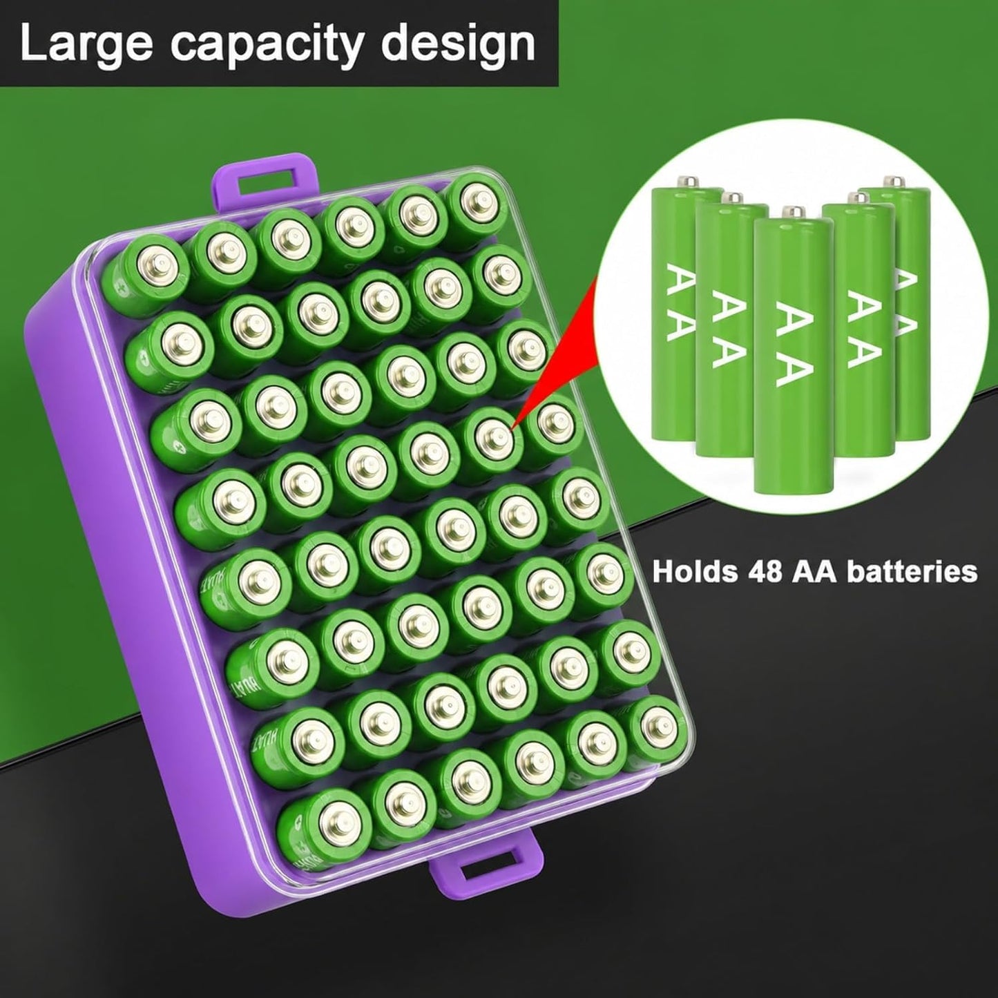 ALCYON Battery Organizer Storage Case, Battery Vault Box Container for 48pcs AA Batteries, Plastic Clear Protective Battery Holder for Travelling/Home/Office (Black, Large)