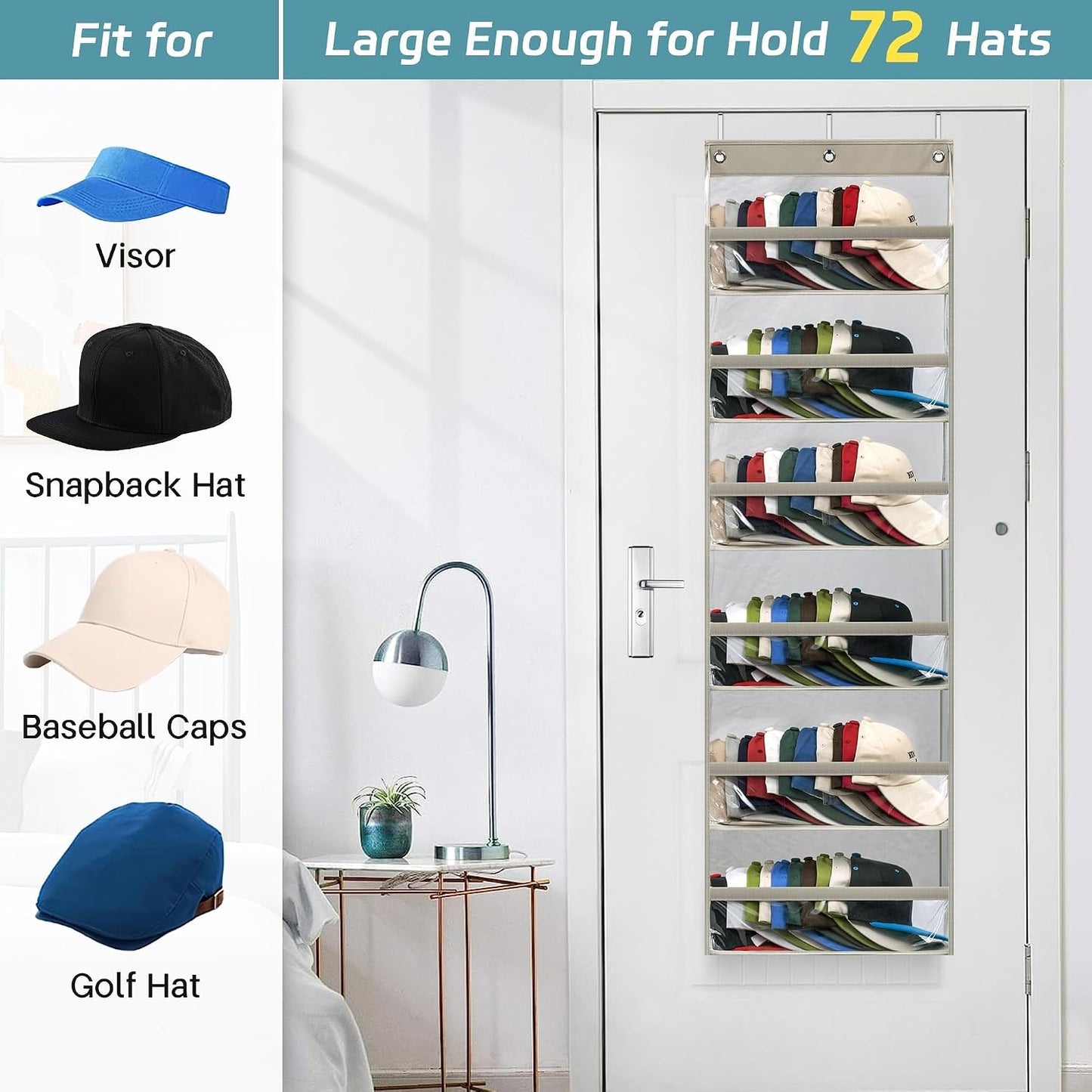 AOODA Clear Over the Door Hat Racks for Baseball Caps, Large Holds up to 72 Caps Hat Storage Organizer for Closet Wall, Deep Pockets Hanging Snapback Holder Shelves with 3 Hooks, White