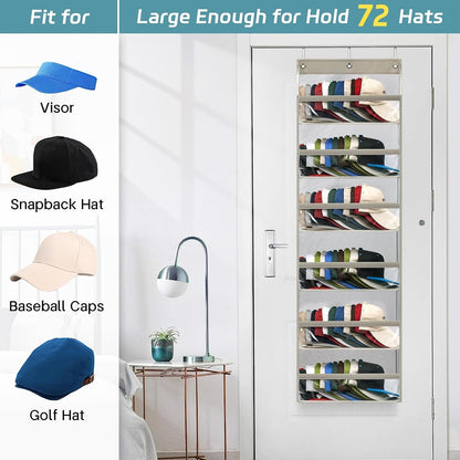 AOODA Clear Over the Door Hat Racks for Baseball Caps, Large Holds up to 72 Caps Hat Storage Organizer for Closet Wall, Deep Pockets Hanging Snapback Holder Shelves with 3 Hooks, White