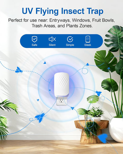 WowCatch Plug-in Flying Insect Trap for Indoors, Fly Trap for Fruit Flies, Gnats & House Flies, UV Light Indoor Bug Catcher for Home, Kitchen, Mess-Free Alternative to Bug Zapper, 1 Device 2 Refills