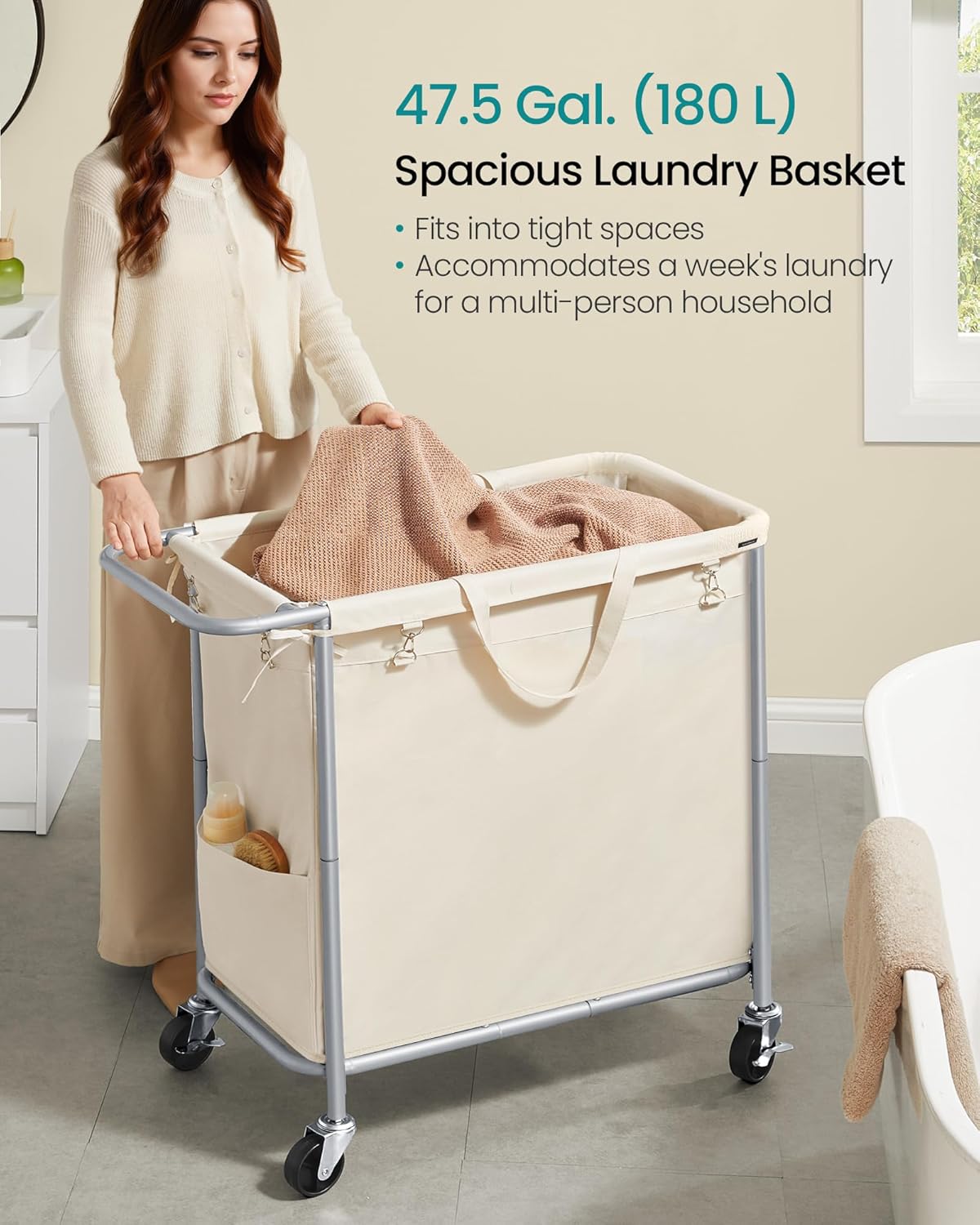 SONGMICS Laundry Basket with Wheels, 3-Section Rolling Laundry Hamper, 52.8 Gallons (200 L), Removable Liner, Steel Frame with Handle, 35.8 x 15.4 x 31.9 Inches, Cream White URLS005W01