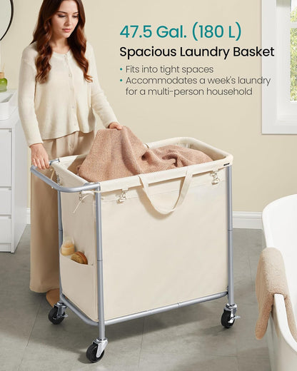 SONGMICS Laundry Basket with Wheels, 3-Section Rolling Laundry Hamper, 52.8 Gallons (200 L), Removable Liner, Steel Frame with Handle, 35.8 x 15.4 x 31.9 Inches, Cream White URLS005W01