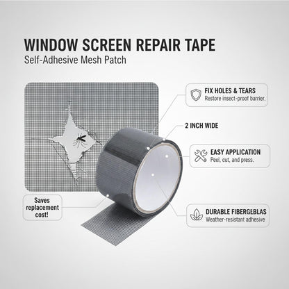 Self-Adhesive Window Screen Repair Tape, Fiberglass Mesh Patch for Holes & Tears, 2" x 78.7" Roll for Door and Window Screens