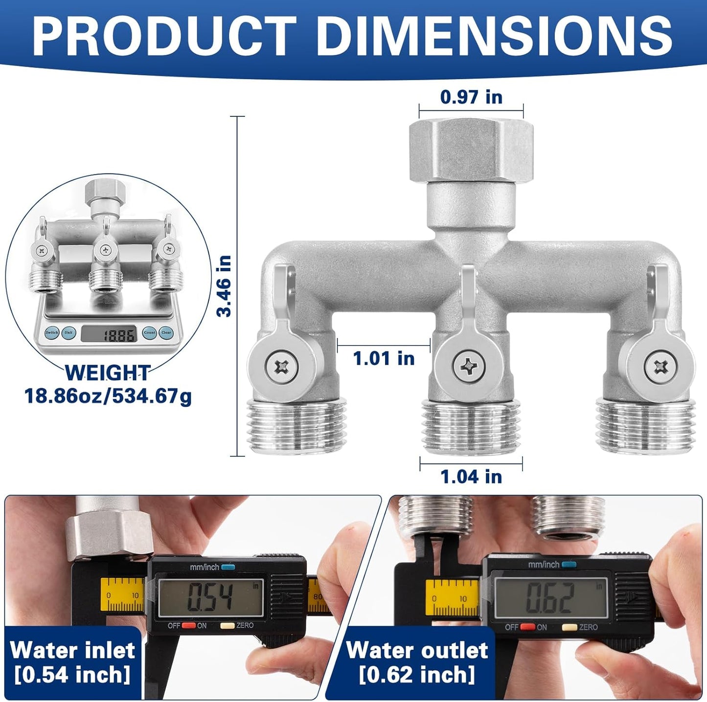 4 Way Garden Hose Splitter, 304 Stainless Steel Outdoor Faucet Splitter with 4 Individual Shut Off Valves, 3/4" GHT High Flow Hose Bib Spigot Connector