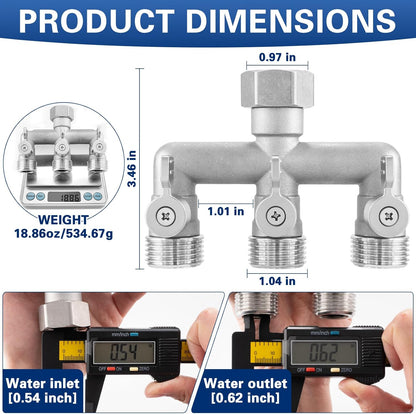 4 Way Garden Hose Splitter, 304 Stainless Steel Outdoor Faucet Splitter with 4 Individual Shut Off Valves, 3/4" GHT High Flow Hose Bib Spigot Connector
