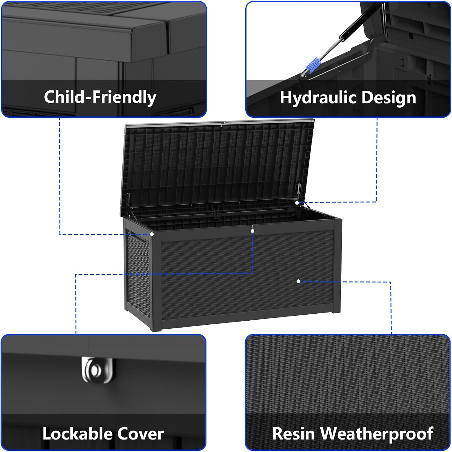 320 Gallon Outdoor Storage Box Resin Deck Box All Weather Waterproof Large Lockable Storage Container Deck Box for Patio Furniture, Garden Tools, Lockable, Black