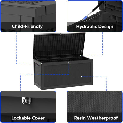 320 Gallon Outdoor Storage Box Resin Deck Box All Weather Waterproof Large Lockable Storage Container Deck Box for Patio Furniture, Garden Tools, Lockable, Black