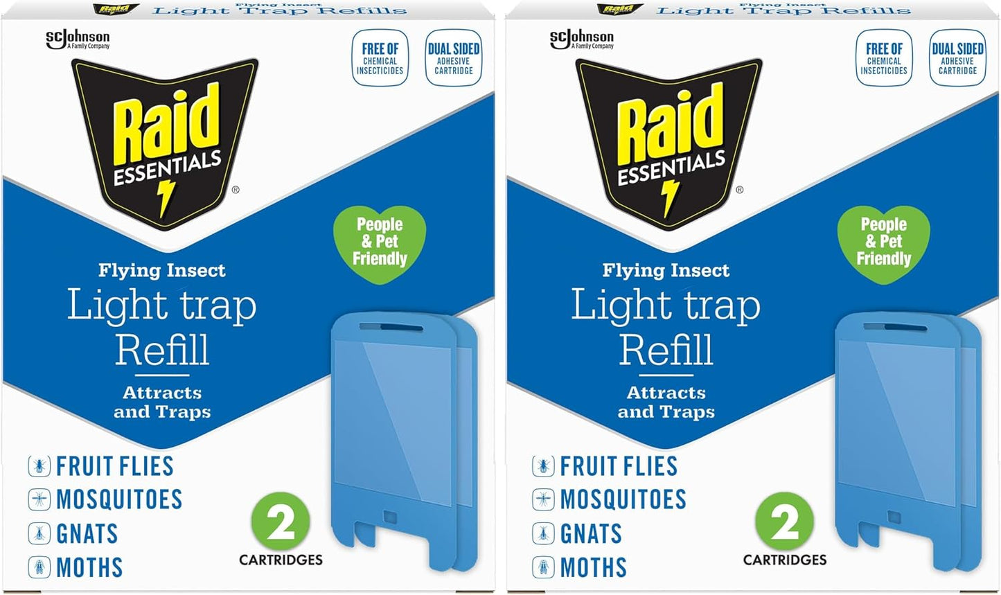 Raid Essentials Flying Insect Light Trap Refills, 2 Light Trap Refill Cartridges, Featuring Light Powered Attraction