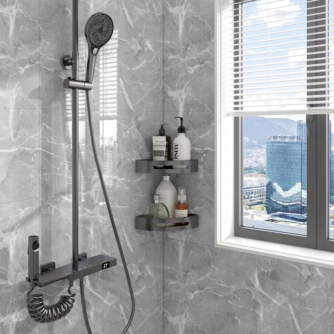 Chejiaye Shower Wall Panels Peel and Stick,Marble Wall Panels for Interior Decor,Backsplash Tile for Kitchen Showers Bathrooms Living Rooms 11.8"x11.8"in 10Pcs, Grey (Not Real Tile,9.7 Sq.ft)