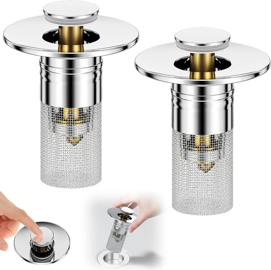 Vodolo 3 in 1 Sink Drain Strainer with Hair Catcher,2PCS Stainless Steel Popup Sink Stopper with Basket for Bathroom Kitchen Shower,Pop-up Bounce Core Floor Basin Drain Filter,Replacement Sink Plug