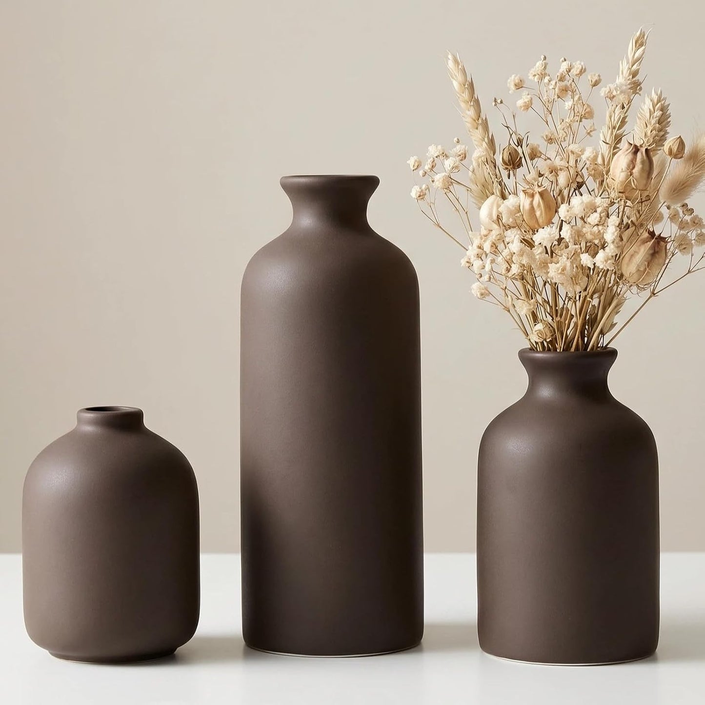 Small Ceramic Vase Set of 3, Boho Home Decor Vases for Dried Flowers,Farmhouse,Shelf,Bathroom,Centerpiece for Entryway Table Decoration Gifts