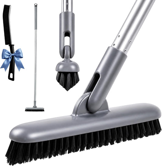 DSV Standard Grout Scrub Brush with Long Handle, 50'' Tile Grout Scrubber, V-Shape Crevice Cleaning Brush for Hard to Reach Areas, 180° Rotation Grout Cleaner for Tile Floors, Baseboards and Corners