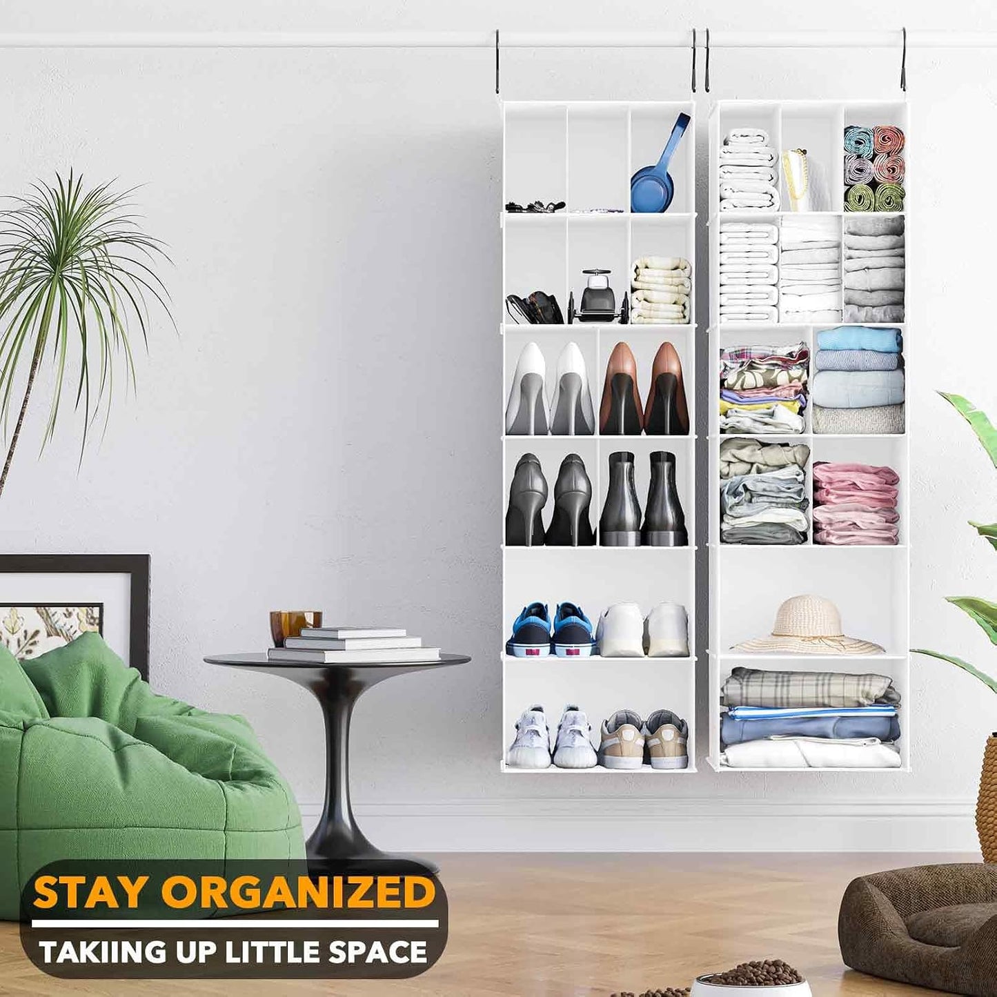 SpaceAid 2 Pack Hanging Closet Organizer and Storage with Dividers, 24 Compartments Hanging Shoe Shelves for Closet, Wardrobe, RV, Garment Rack - Black