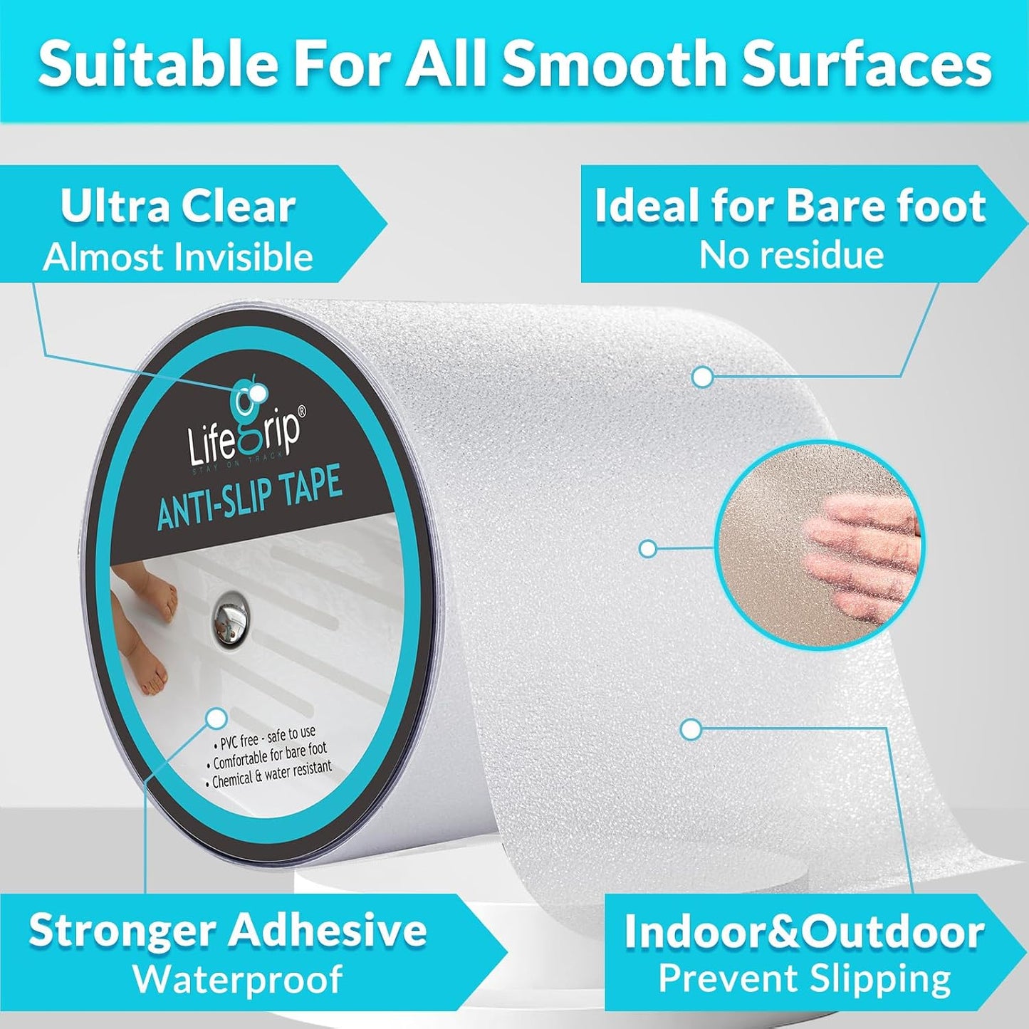 LifeGrip Anti Slip Transparent Anti Slip Tape, 2 inch by 30 feet, Non-Slip Traction Grip Tape to Tubs, Boats, Stairs, Clear, Soft, Comfortable for Bare feet (2" X 30')