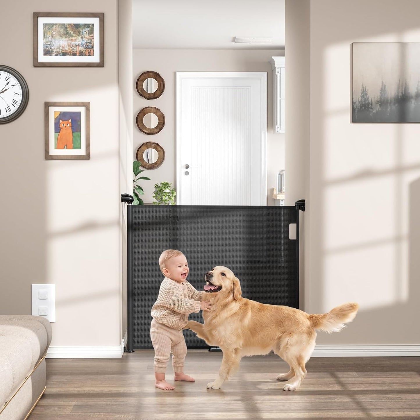 Babepai Retractable Baby Gates for Stairs, Retractable Dog Gate for Indoor/Outdoor Use | Child Gates for Doorways, Deck, Porch, Hallways, Patio (White, 55" Wide 34" Height)
