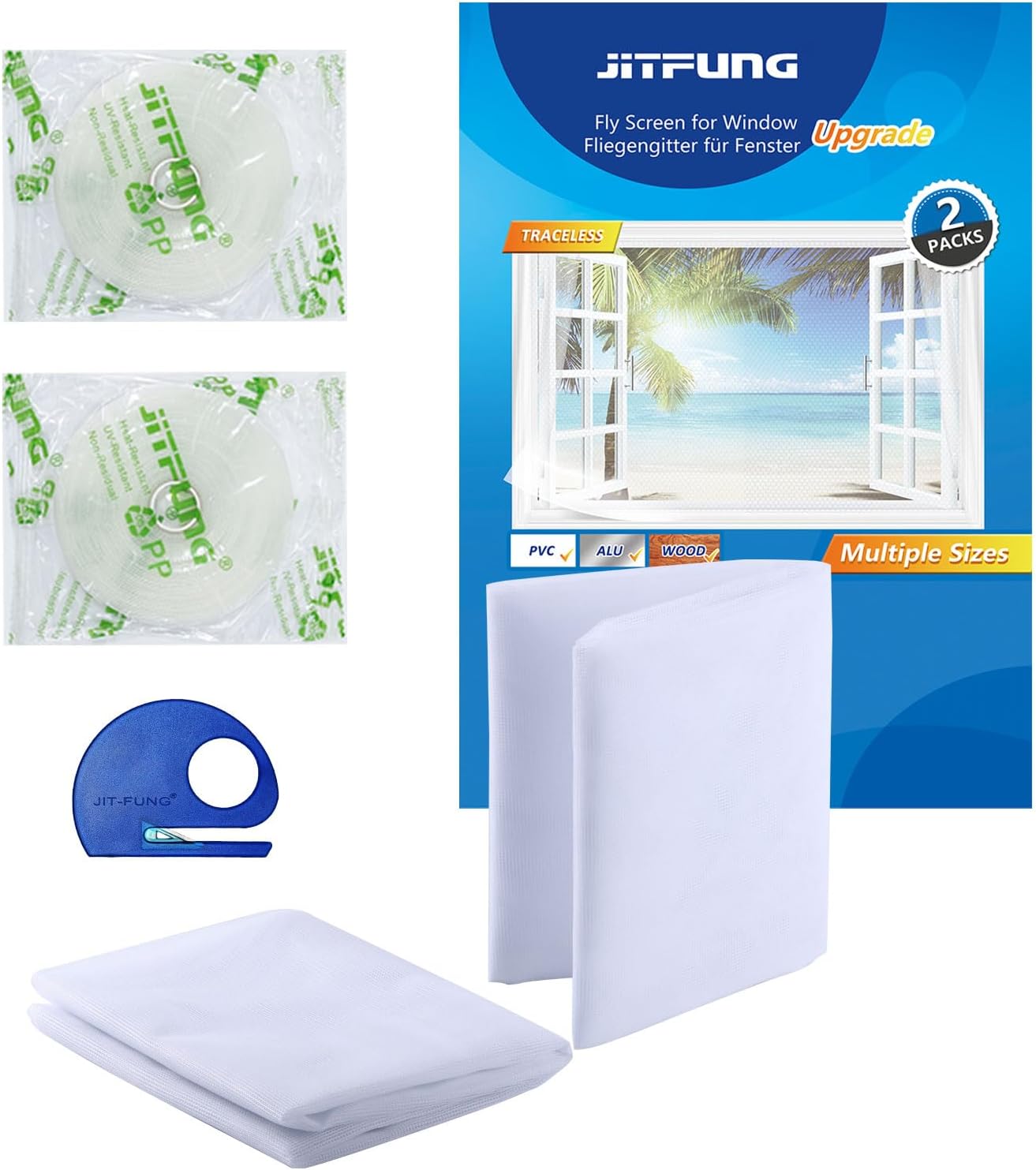 DIY Window Screen Curtain, 2 Packs of Mesh Netting 51 * 61 inches with [Upgrade] Self-Adhesive Hook Tapes & Cutter, Suitable for Multiple Windows, White (Set of 2)