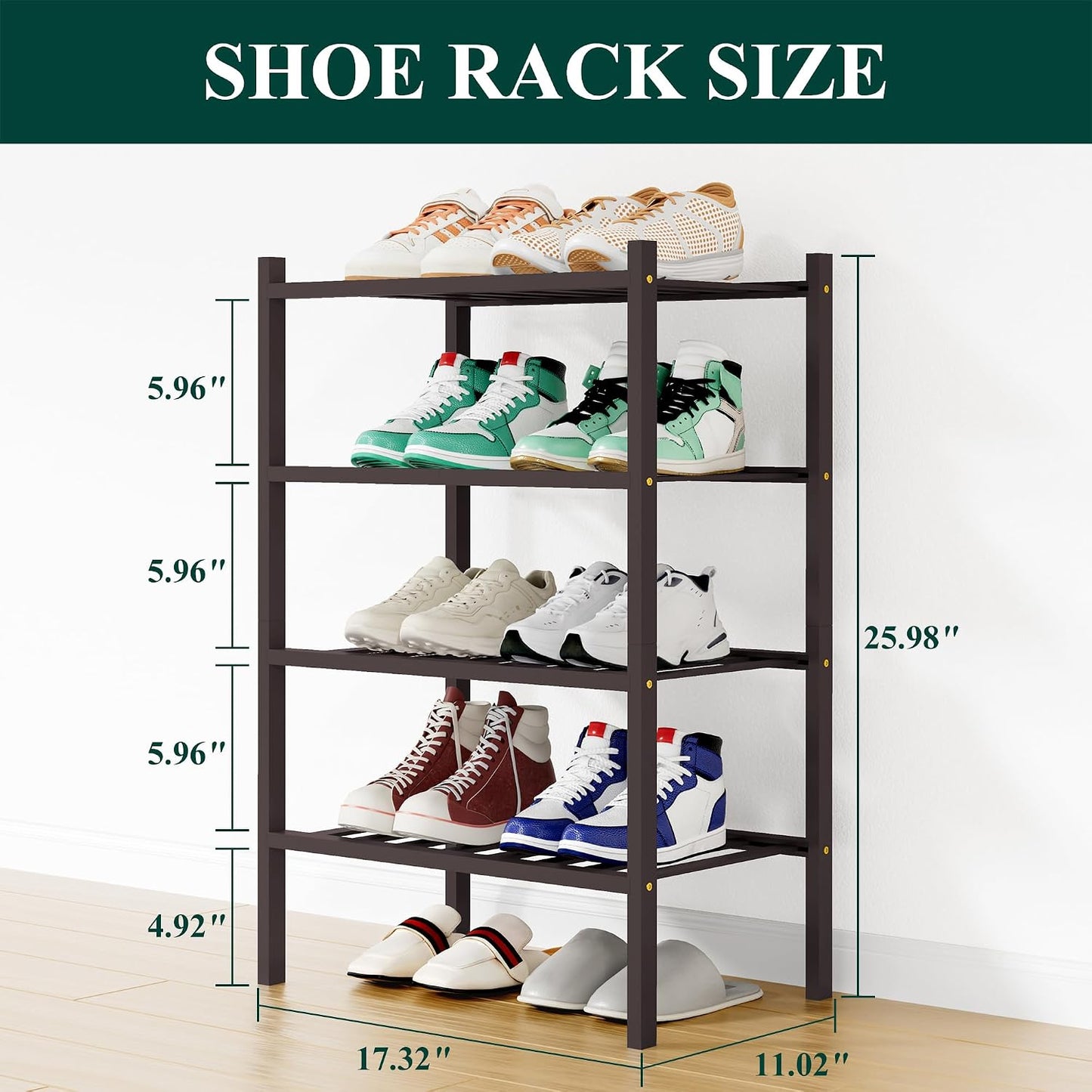 Smiry Bamboo Shoe Rack, 3 Tier Free Standing Wooden Shoe Organizer, Stackable Wood Shoe Storage Shelf for Closet, Entryway, 12 Vertical Slats, 2+1 Stack Standard Legs, 26.8"x11"x19.5", Natural