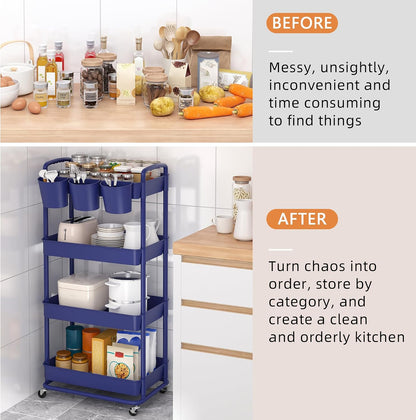 JIUYOTREE 4-Tier Plastic Rolling Storage Cart Utility Cart with Extra Hanging Cups Handles Lockable Wheels for Living Room Bathroom Kitchen Office White