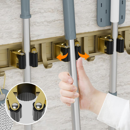 reliahom Broom Holder Wall Mount Mop Hanger Tools organizer 4Racks 5Hooks | Adjustable Mop Broom Wall Hanging Heavy duty Tools Storage Rack Space-saving for Garage,Kitchen,Laundry Room,Garden, Silver