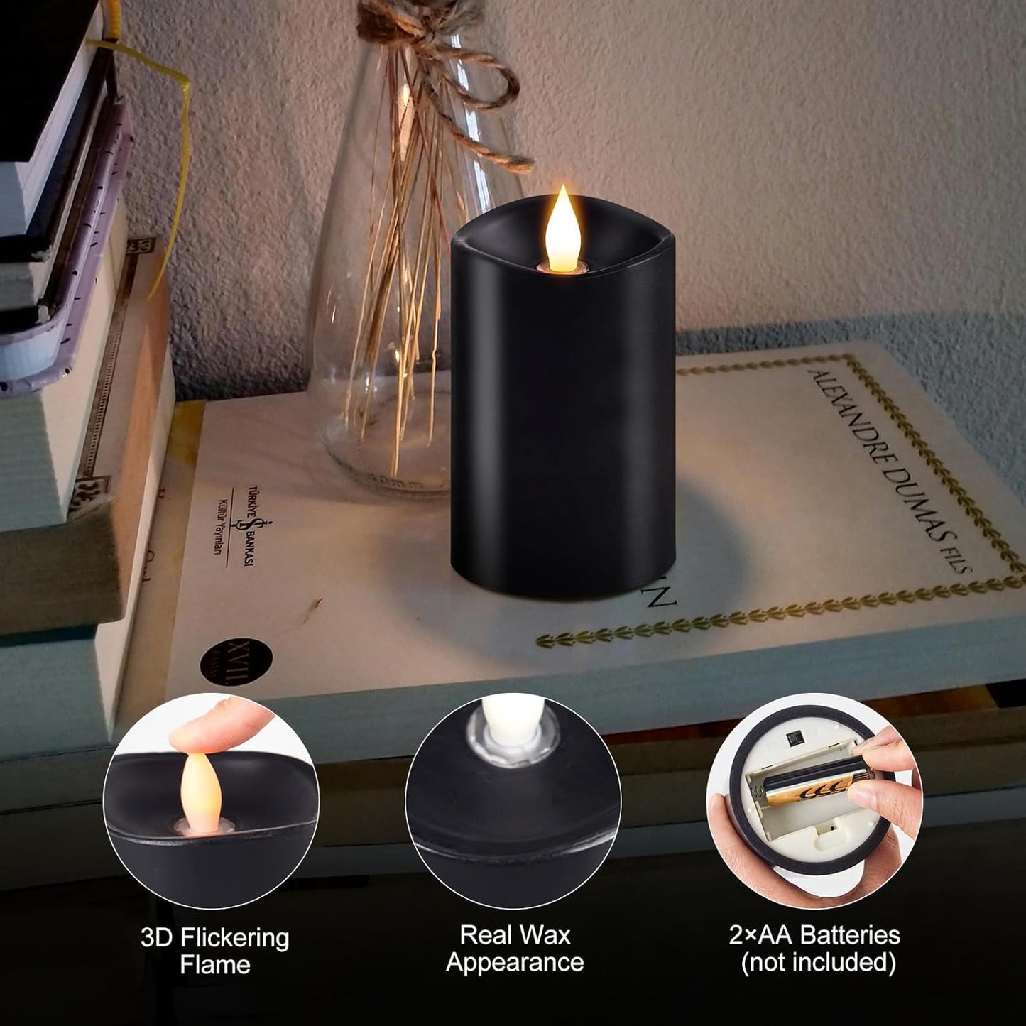 3x4 Flickering Flameless Candles Set of 3,Real Wax Pillar LED Candles,with Timer,4 inch Flameless Candles with Remote,for Party Wedding Holiday Home Decor,Ivory
