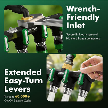 Restmo Garden Hose Splitter, 4 Way Heavy Duty Full Metal Water Spigot Splitter with Shutoff Valve, Outdoor Faucet Spigot Adapter with Extended Levers, 3/4" GHT Thread - Green